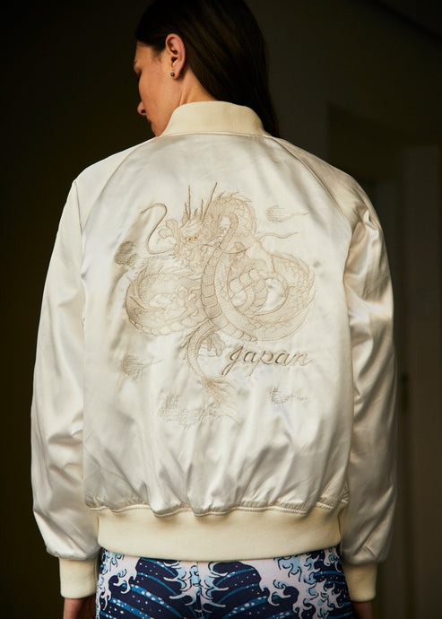 Sukajan Japanese Jacket Satin White on White Dragon