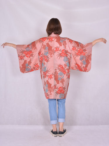 Haori Kimono Jacket Vintage Pink Vermilion Turquoise